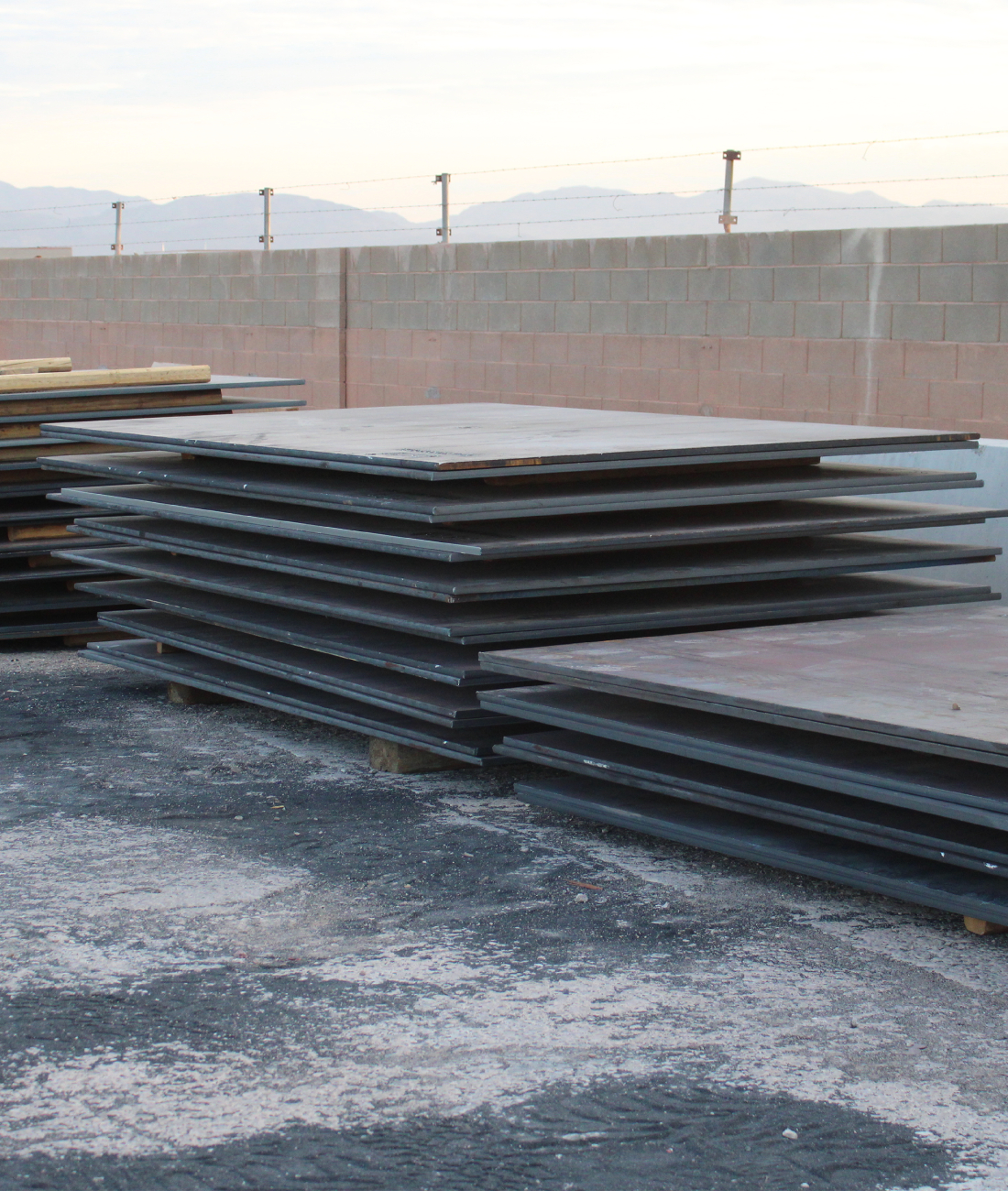 Steel trench plates stored in storage yard